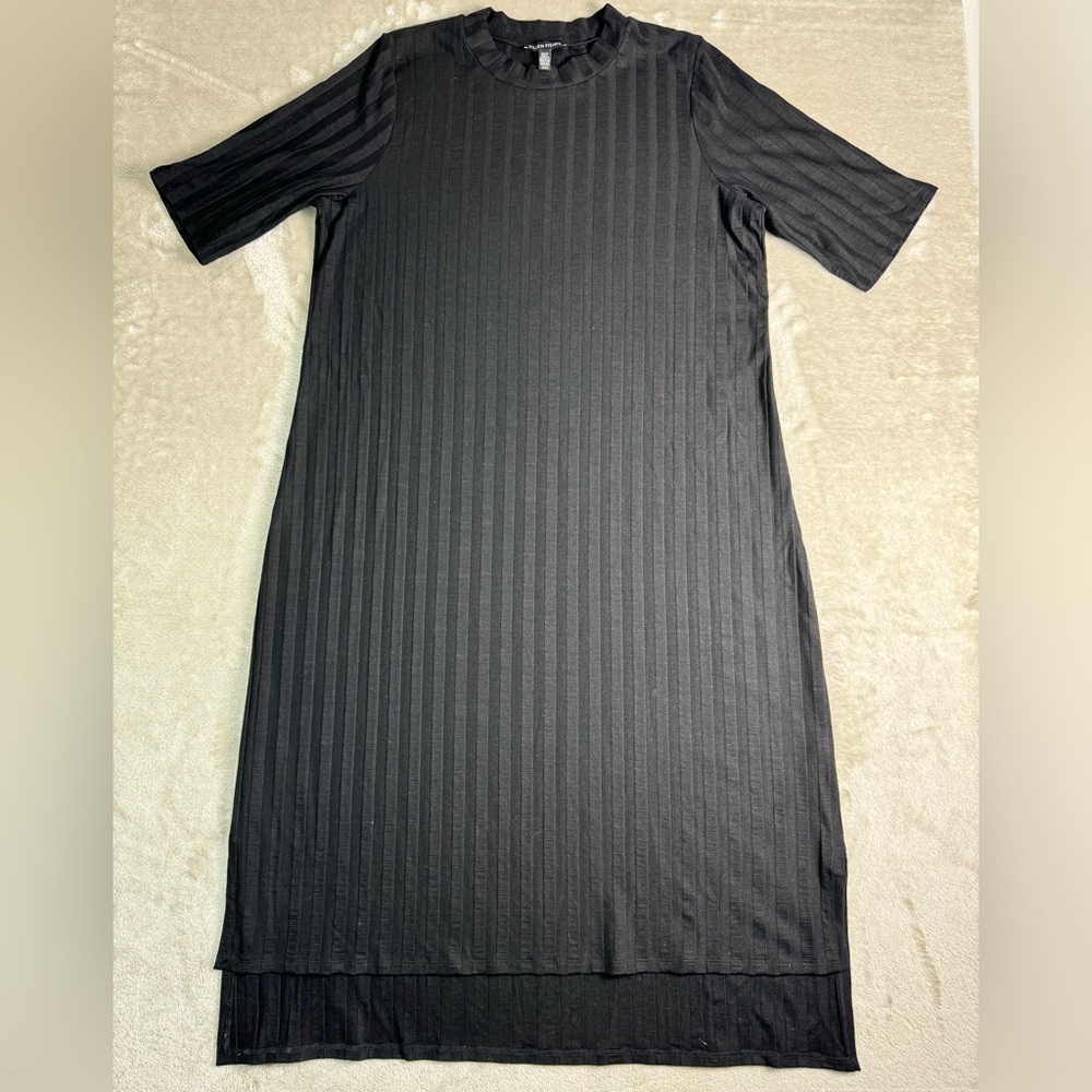 EILEEN FISHER Ribbed Mock-Neck Drop-Hem Dress Black Women’s Medium Tencel - Picture 2 of 10